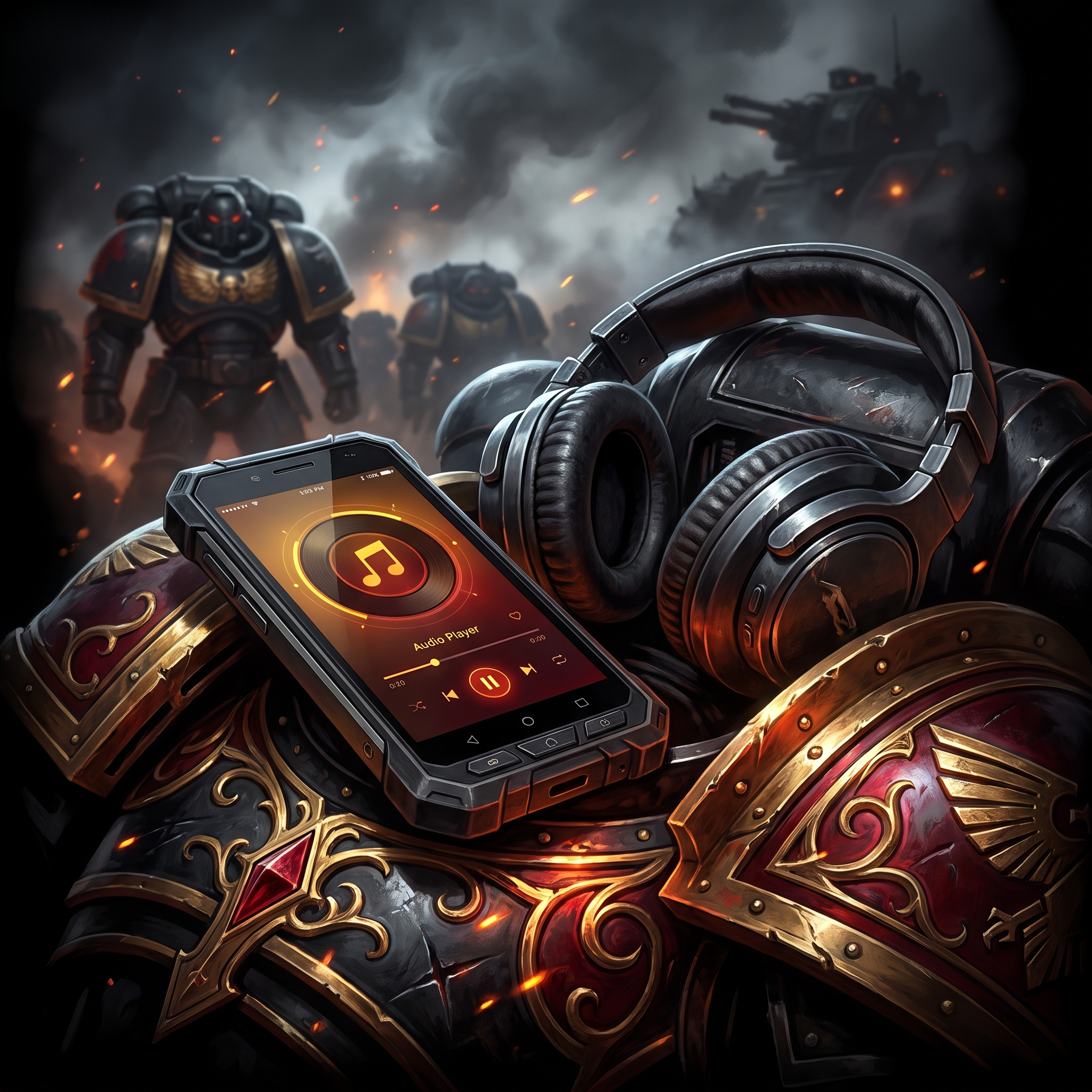 The Great Heresy audio saga on a phone with headphones